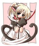  54_(ukagaka) animal_ears artist_request bell bell_collar blonde_hair blue_eyes blush cat_ears cat_tail collar dress hair_ornament jingle_bell leash maid open_mouth paws ponytail solo tail ukagaka 