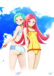  anemone_(eureka_seven) aqua_hair back-to-back bikini breasts covered_nipples eureka eureka_seven eureka_seven_(series) hair_ornament hairclip highres kobayashi_yuuji multiple_girls pink_eyes pink_hair sky small_breasts swimsuit 