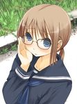  adjusting_eyewear blue_eyes blush brown_hair from_above glasses grass jirou_(chekoro) long_sleeves looking_at_viewer looking_up original raised_curb school_uniform serafuku solo 