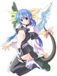  artist_request asymmetrical_wings blue_hair dizzy guilty_gear long_sleeves red_eyes ribbon solo tail tail_raised tail_ribbon thighhighs wings 