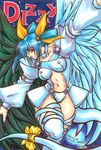 artist_request asymmetrical_wings blue_hair dizzy guilty_gear long_sleeves lowres red_eyes ribbon solo tail tail_ribbon thighhighs wings 