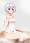  1girl alternate_hairstyle bare_shoulders blush breasts collarbone commentary_request covered_navel fate/grand_order fate_(series) hair_between_eyes hair_bun hair_up hand_on_own_chest iseshi9167 large_breasts looking_at_viewer medium_breasts naked_towel onsen partially_submerged red_eyes sideboob silver_hair sitting solo tomoe_gozen_(fate/grand_order) towel water wet 