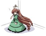  artist_request brown_eyes door dress green_dress head_scarf heterochromia indoors long_hair long_sleeves looking_at_another rozen_maiden solo standing suiseiseki very_long_hair 