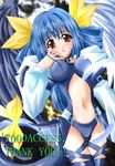  artist_request asymmetrical_wings blue_hair bow dizzy feathers guilty_gear hair_bow long_sleeves midriff navel red_eyes ribbon solo tail tail_ribbon thighhighs wings 