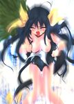 artist_request asymmetrical_wings black_hair breasts closed_eyes dizzy fang guilty_gear large_breasts one-piece_swimsuit ribbon school_swimsuit solo swimsuit tail tail_ribbon tears torn_clothes wings 