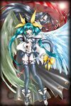  1girl aqua_hair artist_request asymmetrical_wings black_hair bow breasts choker cleavage dizzy guilty_gear large_breasts long_hair long_sleeves red_eyes ribbon scythe tail tail_ribbon testament_(guilty_gear) thighhighs twintails wings 