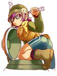  artist_request ass boots chrono_trigger glasses helmet long_sleeves lowres lucca_ashtear neckerchief purple_eyes purple_hair short_hair solo wrench 
