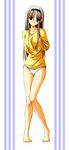  arms_behind_back artist_request blue_eyes brown_hair copyright_request hairband long_hair long_sleeves no_pants panties shirt solo standing thigh_gap underwear white_panties 