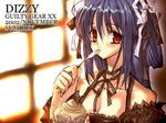  blue_hair blush breasts choker cleavage dessert dizzy dress eating food guilty_gear hair_ribbon long_hair long_sleeves medium_breasts pudding red_eyes ribbon solo source_request sumi_hei window 