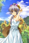  bangs dress flower full_metal_panic! hat mutsuki_(moonknives) purple_eyes purple_hair ribbon solo sunflower teletha_testarossa 