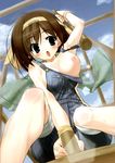  black_eyes breasts brown_hair copyright_request duplicate hairband hammer large_breasts mallet naked_overalls nipple_slip nipples no_bra open_mouth overalls pants pants_rolled_up short_hair sitting solo urotan wardrobe_malfunction 