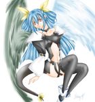  artist_request asymmetrical_wings bad_anatomy blue_hair bow dizzy guilty_gear long_hair lowres red_eyes ribbon solo tail tail_bow tail_ribbon thighhighs wings 