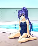  arm_support barefoot blue_eyes blue_hair chain-link_fence competition_school_swimsuit feet fence hair_intakes hayase_mitsuki high_ponytail kimi_ga_nozomu_eien long_hair looking_at_viewer norizou_type-r one-piece_swimsuit pool poolside school_swimsuit sitting solo swimsuit wariza 