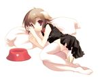  animal_ears bowl brown_hair character_request collar copyright_request dog_ears dog_tail dress jo_(overture) lying on_side panties pet_bowl pillow red_eyes ribbon short_hair solo tail thighhighs underwear white_legwear white_panties 