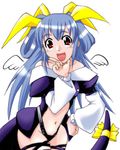  :d artist_request blue_hair blush cowboy_shot dizzy guilty_gear hair_ribbon hand_on_hip index_finger_raised leaning_forward long_hair long_sleeves looking_at_viewer navel open_mouth red_eyes ribbon simple_background smile solo tail very_long_hair white_background wings 