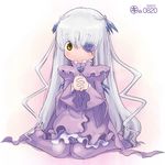  barasui_(style) barasuishou dress flower_eyepatch frills interlocked_fingers kei_jiei long_hair long_sleeves looking_at_viewer pantyhose parody praying pun purple_dress rozen_maiden silver_hair simple_background sitting solo style_parody very_long_hair wariza yellow_eyes 