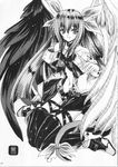  asymmetrical_wings boots bow dizzy greyscale guilty_gear hair_bow kacchu_musume long_hair long_sleeves midriff monochrome navel non-web_source ribbon smile solo tail tail_ribbon thighhighs twintails wings 