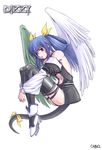  artist_request asymmetrical_wings blue_hair dizzy guilty_gear long_sleeves red_eyes ribbon simple_background solo tail tail_ribbon thighhighs white_background wings 