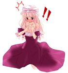  1girl :o alternate_breast_size bare_shoulders blonde_hair blush dress hat kneeling long_hair no_bra open_mouth purple_dress purple_eyes rikudou_inuhiko simple_background solo surprised touhou white_background yakumo_yukari 