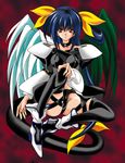  artist_request asymmetrical_wings blue_hair bow dark_blue_hair dizzy guilty_gear long_sleeves red_eyes ribbon solo tail tail_bow tail_ribbon thighhighs wings 