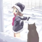  animal black_eyes blush blush_stickers brown_hair cat day hat kanzaki_hiro long_sleeves mittens open_mouth original outstretched_arms scarf snow solo 