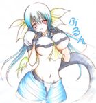  artist_request asymmetrical_wings black_gloves blue_hair blush breast_squeeze breasts crop_top dizzy fingerless_gloves gloves guilty_gear hair_ribbon large_breasts open_clothes open_shorts red_eyes ribbon shorts solo tail underboob wings 