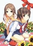  bow brown_eyes brown_hair checkered checkered_floor flower hands heart long_hair long_sleeves lowres luna_(reclaimed_land) multiple_girls orange_scarf original pansy pleated_skirt scarf school_uniform shared_scarf skirt twintails 