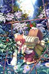  animal_ears bag carrying cat_ears flower_request hanpen kneeling looking_at_viewer nature original scenery smile solo 