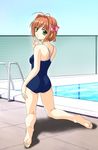  antenna_hair barefoot bow braid chain-link_fence competition_school_swimsuit feet fence from_behind green_eyes hair_bow highres kimi_ga_nozomu_eien looking_at_viewer looking_back norizou_type-r one-piece_swimsuit pool pool_ladder poolside solo suzumiya_haruka swimsuit 