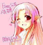  blush caster face fate/stay_night fate_(series) heart one_eye_closed open_mouth pink_hair pointy_ears sketch solo teramoto_kaoru 