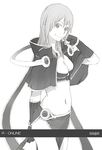  bandeau bangs breasts capelet cleavage elbow_gloves fingerless_gloves gloves greyscale groin holding long_hair looking_at_viewer lowres medium_breasts midriff monochrome navel pelvic_curtain ragnarok_online sage_(ragnarok_online) smile solo white_background yoshito 