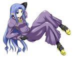  black_gloves black_legwear blue_eyes blue_hair caster choker dress fate/stay_night fate_(series) full_body gloves long_dress long_hair long_sleeves lowres lying on_back pointy_ears purple_dress shoes sidelocks silvermoon simple_background smile solo very_long_hair white_background yellow_footwear 