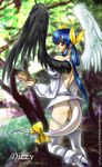  :d animal armlet artist_request ass asymmetrical_wings back_cutout bare_back belt dizzy from_behind guilty_gear hair_ribbon high_heels long_sleeves looking_at_viewer looking_back open_mouth ribbon smile solo squirrel tail thighhighs white_legwear wings 