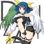  artist_request asymmetrical_wings blue_hair dizzy guilty_gear long_sleeves lowres red_eyes ribbon solo tail tail_ribbon thighhighs wings 