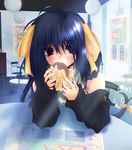  artist_request blue_hair dizzy food food_wrapper guilty_gear hamburger long_sleeves red_eyes solo tail 