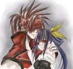  1girl artist_request bare_back brown_eyes brown_hair dizzy expressionless grey_background guilty_gear hair_ribbon headband hug looking_at_viewer lowres parted_lips purple_hair red_eyes ribbon simple_background sol_badguy spiked_hair upper_body 