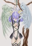  arms_up artist_request asymmetrical_wings bad_anatomy bdsm blue_hair bondage bound breasts crotch_rope dizzy green_rope guilty_gear hair_ribbon necro_(guilty_gear) plant red_eyes ribbon rope skull small_breasts undine_(guilty_gear) vines wings 