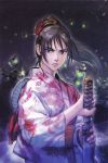  1girl black_hair brown_eyes brown_hair flower highres japanese_clothes kawano_takuji kimono long_hair looking_at_viewer night official_art ponytail simple_background solo soul_calibur sword taki_(soulcalibur) weapon 