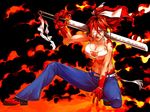  benimura_karu breasts cleavage cleavage_cutout copyright_request denim eyepatch fire jeans large_breasts pants ponytail red_eyes red_hair solo sword weapon 