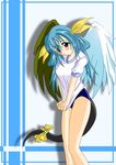  artist_request asymmetrical_wings bad_anatomy blue_hair dizzy guilty_gear gym_uniform lowres red_eyes ribbon shirt_tug solo tail tail_ribbon wings 