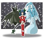  antlers artist_request asymmetrical_wings bell bell_collar blue_hair blush christmas collar dizzy guilty_gear hat necro_(guilty_gear) pointy_ears red_eyes ribbon sack santa_costume santa_hat smile snow snowing sweatdrop tail tail_ribbon thighhighs undine_(guilty_gear) wings zettai_ryouiki 