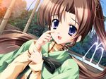  asagiri_shizuru blue_eyes brown_hair day fountain game_cg long_hair mikeou outdoors purple_eyes school_uniform solo stay_~anata_no_tonari_ni~ 