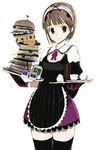  brown_eyes brown_hair copyright_request food hairband hamburger mole mole_under_eye okama short_hair solo tea thighhighs tray waitress 