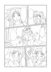  arf bed blank_speech_bubble bra comic curtains fate_testarossa flying_sweatdrops greyscale hair_ribbon hug long_hair lyrical_nanoha mahou_shoujo_lyrical_nanoha mahou_shoujo_lyrical_nanoha_a's monochrome multiple_girls navel on_bed pajamas ribbon sitting speech_bubble tears twintails umekichi underwear upper_body very_long_hair waking_up 