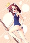  1girl animal_ears aru_(abyssinia) asymmetrical_bangs bangs blush cat_ears covering covering_ass hair_down hair_ornament hairclip katana mahou_sensei_negima! one-piece_swimsuit polka_dot red_eyes red_hair sakurazaki_setsuna school_swimsuit signature smile solo surprised sweatdrop swimsuit sword weapon 