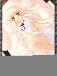  artist_request bed blonde_hair blush corrupted_image green_eyes long_hair open_clothes open_shirt original shirt solo 