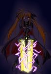  angry artist_request bardiche belt blonde_hair cape energy_sword fate_testarossa long_hair lyrical_nanoha magical_girl mahou_shoujo_lyrical_nanoha mahou_shoujo_lyrical_nanoha_a's red_eyes solo sword twintails weapon 