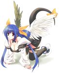  all_fours artist_request asymmetrical_wings bent_over blue_hair boots bow breasts cleavage dizzy guilty_gear hair_bow large_breasts long_hair long_sleeves ribbon simple_background solo tail tail_raised tail_ribbon thighhighs twintails very_long_hair white_background wings 
