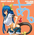  blue_hair blue_sailor_collar blush bow dizzy dressing guilty_gear long_hair lowres red_eyes ribbon sailor_collar solo source_request sumi_hei tail tail_bow 