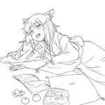  animal_ears artist_request copyright_request eating fox_ears greyscale japanese_clothes long_sleeves monochrome solo 